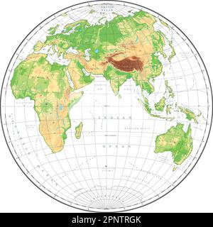 Mappa del mondo fisico altamente dettagliata in forma di globo della Terra. Proiezione globulare Nicolosi – piatta. Illustrazione Vettoriale