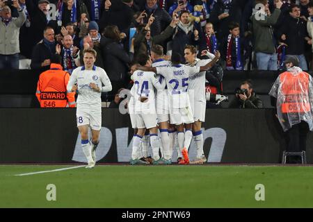 Londra, Regno Unito. Aprile 20, 2023. Gent festeggia il proprio gol durante la partita finale della UEFA Europa Conference League Quarter tra West Ham United e KAA Genk al London Stadium di Stratford, giovedì 20th aprile 2023. (Foto: Tom West | NOTIZIE MI) Credit: NOTIZIE MI & Sport /Alamy Live News Foto Stock