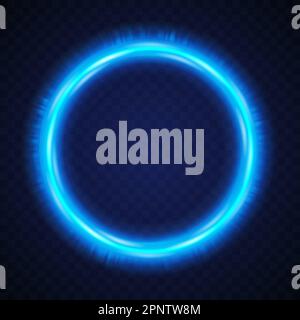 Cerchio azzurro luminoso. Cornice al neon rotonda isolata su sfondo scuro trasparente. Bolla dinamica in vetro per testo. Fascio di turbolenza radiante. Flash luminoso Illustrazione Vettoriale