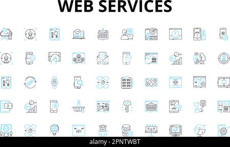 Set di icone lineari dei servizi Web. Integrazione, sicurezza, API, scalabilità, microservizi, Fumetto, simboli vettoriali XML e simboli di concetto di linea. RIPOSO, SOAP Illustrazione Vettoriale