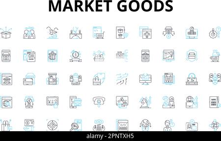 set di icone lineari market goods. Prodotti, Vendite, consumo, Retail, Merchandise, Simboli vettoriali di fornitura, domanda e segnali di concetto di linea. Distribuzione Illustrazione Vettoriale