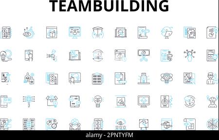 Set di icone lineari per la creazione di team. Collaborazione, fiducia, sinergia, leadership, comunicazione, Motivazione, simboli vettoriali di coesione e segni di concetto di linea Illustrazione Vettoriale