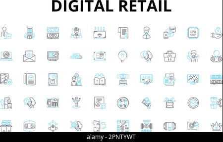 Set di icone lineari per il retail digitale. E-commerce, omnichannel, Personalizzazione, Mobile, ai, Simboli vettoriali virtuali, aumentati e segni di concetto di linea Illustrazione Vettoriale