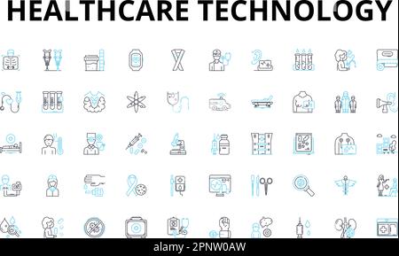Set di icone lineari per la tecnologia sanitaria. Telemedicina, indossabili, cartelle cliniche elettroniche (EHR), intelligenza artificiale (ai), Blockchain, Telehealth Illustrazione Vettoriale