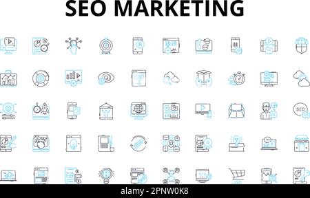 SEO marketing lineare icone set. Ottimizzazione, parole chiave, analisi, strategia, contenuti, Backlinks, simboli vettoriali SERP e segnali di concetto di linea Illustrazione Vettoriale