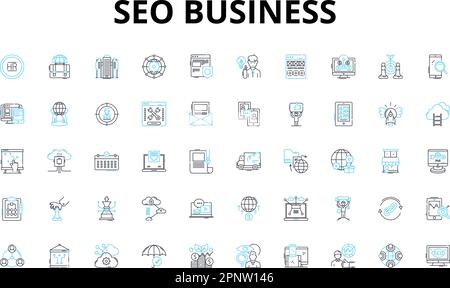 SEO business lineare icone set. Ottimizzazione, parole chiave, classifiche, traffico, strategia, Ricerca, simboli vettoriali di analisi e segni di concetto di linea. A pagina Illustrazione Vettoriale