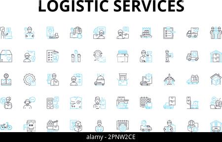 Set di icone lineari per servizi logistici. Warehousing, trasporto, catena di approvvigionamento, distribuzione, logistica, Trasporto, simboli vettoriali di inventario e linea Illustrazione Vettoriale