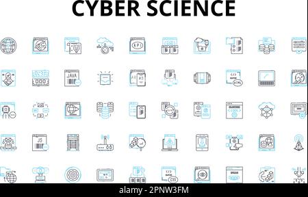 Set di icone lineari Cyber Science. Cybersicurezza, crittografia, malware, hacker, phishing, Cybercriminalità, simboli vettoriali firewall e segnali di concetto di linea Illustrazione Vettoriale