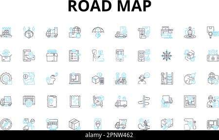 Icone lineari della mappa stradale impostate. Navigazione, indicazioni, percorsi, Pianificazione, marcature, Simboli, segni simboli vettoriali e segnali di concetto di linea. Sentieri, autostrade Illustrazione Vettoriale