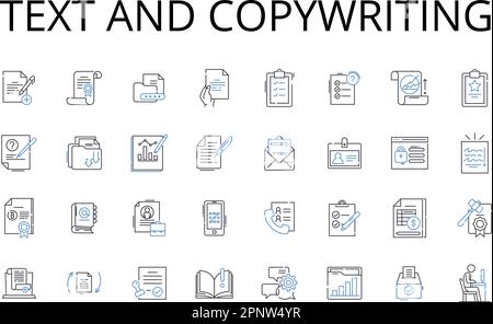 Testo e copywriting linea icone raccolta. Wordsmithing, scrittura, scripting, authoring, composizione, Penning, disegno vettoriale e illustrazione lineare Illustrazione Vettoriale