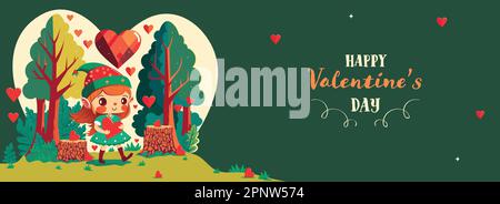 Buon San Valentino Banner o Header Design con ragazza carino personaggio Walking e forme del cuore su sfondo verde naturale. Illustrazione Vettoriale