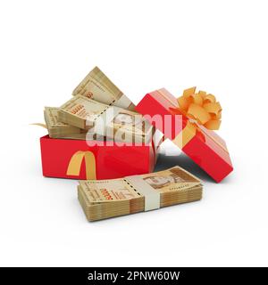 Pila di banconote bolivar venezuelane all'interno di una scatola regalo rossa aperta. Pacchetti di bolivar venezuelano all'interno di una confezione regalo. 3d resa di denaro all'interno di isola box Foto Stock