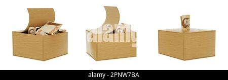 bolivar venezuelano note all'interno di una scatola di risparmio in legno aperta. set di concetto di risparmio. Piggy Bank Generico, Penny Bank, Money Box. rendering 3d Foto Stock