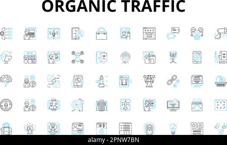 Icone lineari del traffico organico. Classifica, SEP, ottimizzazione, clic, parole chiave, Traffico, simboli vettoriali di contenuto e segnali di concetto di linea. Analisi Illustrazione Vettoriale