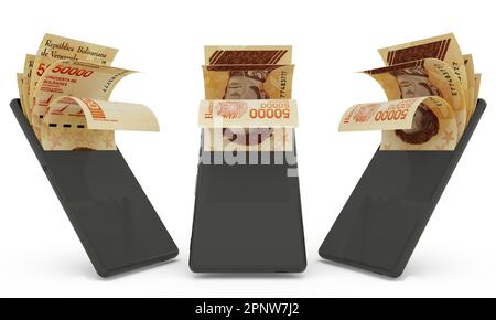 bolivar venezuelano note all'interno di un telefono cellulare. denaro proveniente dal telefono cellulare. 3d rendering di una serie di concetti di transazione di denaro mobile. soldi da Foto Stock