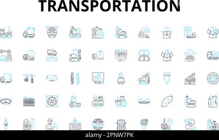 Set di icone lineari per il trasporto. Auto, bici, treno, autobus, aereo, Simboli dei traghetti, dei vettori in elicottero e dei segnali di concetto delle linee. Barca, taxi, skateboard Illustrazione Vettoriale