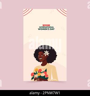 Banner verticale Happy International Women's Day con bouquet di mantenimento del personaggio della giovane donna africana. Illustrazione Vettoriale