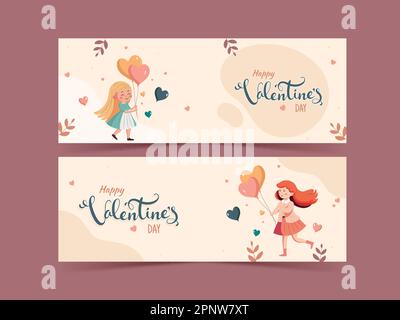 Buon banner di San Valentino o Header Design con ragazza carina carattere tenere palloni cuore in due opzioni. Illustrazione Vettoriale