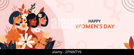 Happy Women's Day Banner Design con tre personaggi delle giovani Donne decorati da Florals su sfondo pastello Pink Venere simbolo. Illustrazione Vettoriale