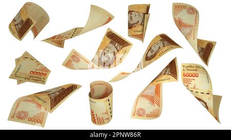 3D rendering di set di bolivar venezuelani che volano in angoli e orientamenti diversi isolati su sfondo bianco Foto Stock