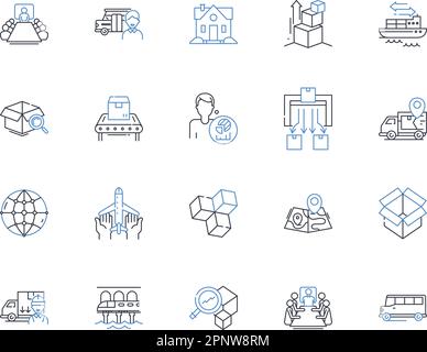 Raccolta delle icone della linea di evasione degli ordini. Consegna, spedizione, logistica, inventario, imballaggio, Warehousing, vettore di dispatching e illustrazione lineare Illustrazione Vettoriale