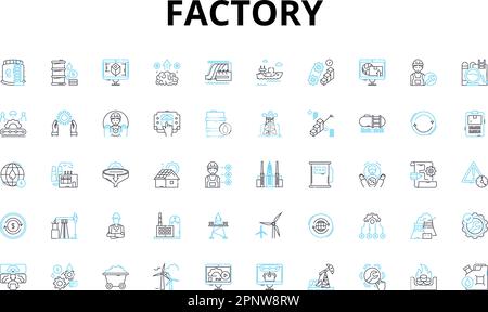 Icone lineari impostate in fabbrica. Produzione, macchinari, industriale, produzione, assemblaggio, Workshop, simboli vettoriali di automazione e segnali di concetto di linea Illustrazione Vettoriale