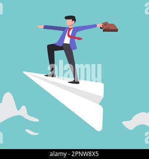 Business concetto piatto giovane uomo d'affari che tiene valigetta, volando su aereo di carta con la mano che indica in futuro. Alla ricerca di successo, opportunità, Foto Stock