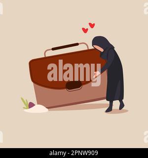 Business appartamento disegno arabo businesswoman abbraccia valigetta con soldi, bonus sul lavoro. Nuova posizione e stipendio. Primo stipendio. Lavoratore felice. Riuscita b Foto Stock
