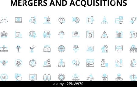 Set di icone lineari per fusioni e acquisizioni. Consolidamento, integrazione, sinergia, diluizione, acquisizione, Amalgamazione, simboli vettore di acquisto e linea Illustrazione Vettoriale