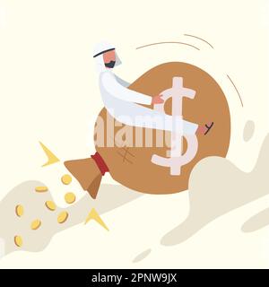 Business concept appartamento Happy Arab businessman equitazione razzo borsa di denaro con segno del dollaro volare attraverso il cielo. Successo finanziario, idea creativa di affari a. Foto Stock