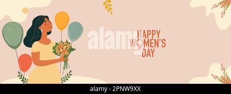 Banner Design Happy Women's Day con elegante giovane donna che tiene bouquet e palloncini su sfondo pastello Peach. Illustrazione Vettoriale