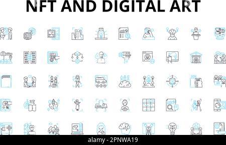 Icone NFT e Digital ART lineari impostate. Criptovaluta, Blockchain, tokenizzazione, digitale, Arrk, Proprietà, simboli vettoriali di autenticità e concetto di linea Illustrazione Vettoriale