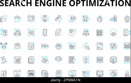 Insieme di icone lineari per l'ottimizzazione dei motori di ricerca. Classifica, parole chiave, algoritmo, Backlinks, Meta, Analisi, simboli vettoriali del traffico e segnali di concetto di linea Illustrazione Vettoriale