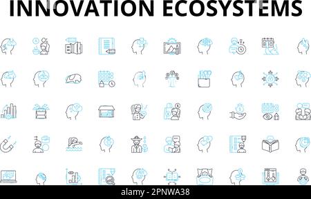 Set di icone lineari per gli ecosistemi di innovazione. Collaborazione, tecnologia, creatività, imprenditorialità, diversità, Incubatori, acceleratori simboli vettoriali Illustrazione Vettoriale