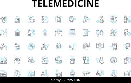 Set di icone lineari Telemedicine. Virtuale, consultazione, diagnosi, remoto, sanità, TeleHealth, simboli vettoriali video e segnali di concetto di linea Illustrazione Vettoriale