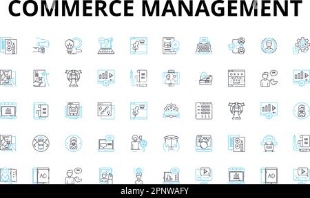 Set di icone lineari per la gestione del commercio. E-commerce, vendite, vendita, vendita, in linea, commercio, Inventario, simboli vettoriali della piattaforma e segnali di concetto di linea Illustrazione Vettoriale