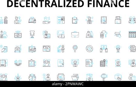 Set di icone lineari per la finanza decentralizzata. Defi, decentralizzato, Blockchain, Crypto, contratti Smart, Tokenizzazione, simboli vettoriali di liquidità e linea Illustrazione Vettoriale