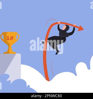 Business flat disegno Araba businesswoman jumping utilizzando l'asta volta per raggiungere il trofeo. Concorrenza aziendale, sfide di carriera e raggiungimento degli obiettivi. FEM Foto Stock