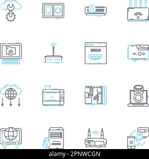 Set di icone lineari gadget. Smartph, tablet, orologio, auricolari, notebook, Telecamera, vettore di linea Dr e segnali concettuali. Visore VR, Fitness Tracker, Smart Home Illustrazione Vettoriale