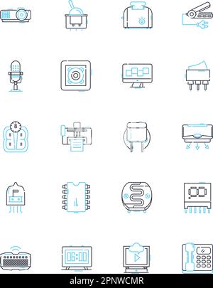 Set di icone lineari per l'automazione domestica. Intelligente, connesso, controllo, praticità, sicurezza, Efficienza, vettore di linea di automazione e segnali concettuali. Integrazione Illustrazione Vettoriale