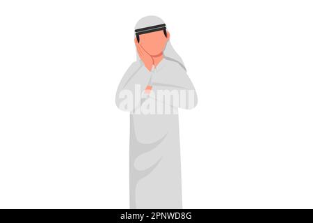 Business design disegno uomo d'affari arabo tenendo mano sulla guancia con mano incrociata. Annoiato o stanco che tiene la mano sulla faccia. Maschio che soffre di t Foto Stock