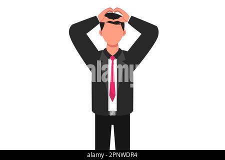 Business flat cartone animato stile disegno uomo d'affari mostrando cuori segno con le mani esprimendo amore, sostegno, cura. Uomo mostra segno d'amore gesto con due pinne Foto Stock
