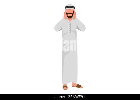 Business flat disegno giovane uomo d'affari arabo coprendo con le mani le orecchie. Lavoro in ufficio che fa non sentire o ascoltare i gesti. L'uomo non vuole Foto Stock