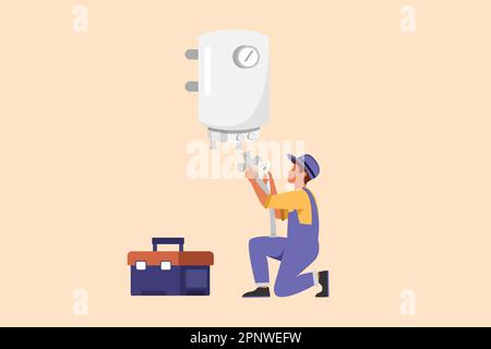 Business piano cartone animato disegno o riparatore idraulico in tute installazione scaldabagno o caldaia. Riparazione domestica, manutenzione servizi idraulici. Ha Foto Stock