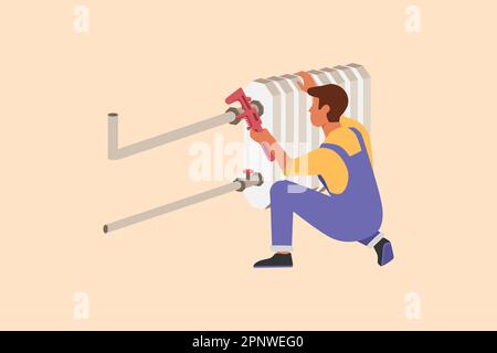 Business flat cartone animato disegno idraulico riparazione o installazione di batterie. Tubi di fissaggio del riparatore nel radiatore della batteria del riscaldatore. Profes di manutenzione Foto Stock