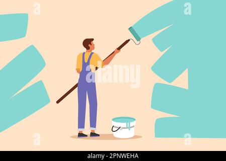 Business piano cartone animato stile disegno pittore decoratore riparatore al lavoro. Uomo riparazione operaio che tiene rullo pennello, pittura casa appartamento parete, h Foto Stock