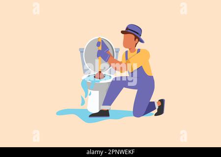 Business piano cartone animato disegno wc pulizia, impianto idraulico. Perdite di servizi igienici idraulici, ostruzioni, attrezzi per la riparazione di idraulici. Sistema fognario. Servizi igienici Foto Stock