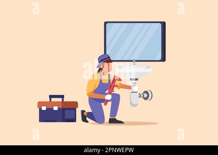 Business piano cartone animato disegno attivo riparatore donna o idraulico lavori di riparazione lavandino in bagno e tubo idraulico. Felice handywoman riparazione a casa e manutenzione Foto Stock
