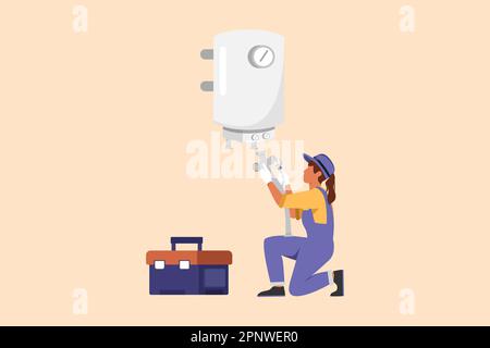 Business flat stile cartone animato disegno carino riparatrice o idraulico in tute installazione scaldabagno o caldaia. Riparazione a domicilio, manutenzione servizi idraulici Foto Stock