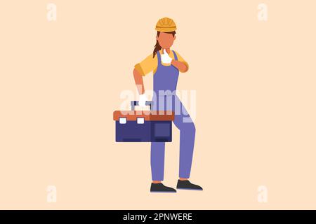 Business flat cartone animato stile disegno handywoman idraulico in piedi e tenendo la scatola degli strumenti. Donna riparatrice professionista in tute pronte per il lavoro. Arredamento per la casa Foto Stock